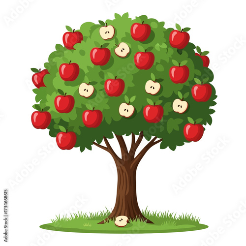 A vibrant cartoon illustration of a lush green apple tree laden with ripe red apples and some sliced apples scattered around its base.