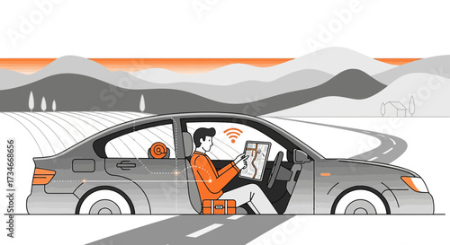 Illustrative depiction of autonomous vehicle technology and navigation on a rural road trip