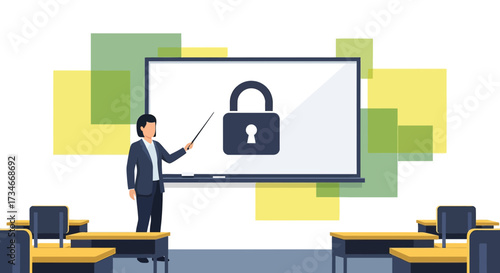 Information security lesson concept illustrated with a teacher in a classroom setting and padlock