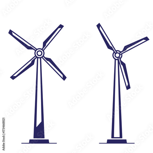 Clean and minimalistic vector illustration of two wind turbines generating sustainable energy