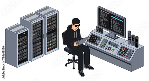 Isometric illustration of a hacker in a server room using a laptop for cybersecurity tasks