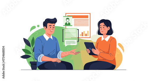 Job interview illustration featuring a recruiter interviewing a candidate professionally and