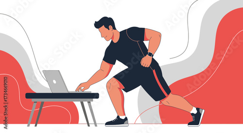 Man exercising and using laptop for virtual fitness and healthy lifestyle concept