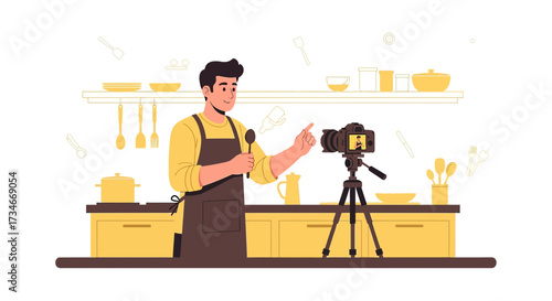 Man filming a cooking tutorial in the kitchen, presenting recipe with spoon and smiling for his