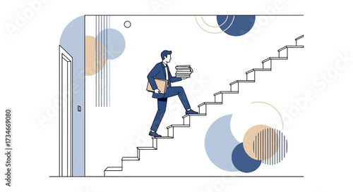 Man in suit climbing stairs with documents, representing progress and business ambition