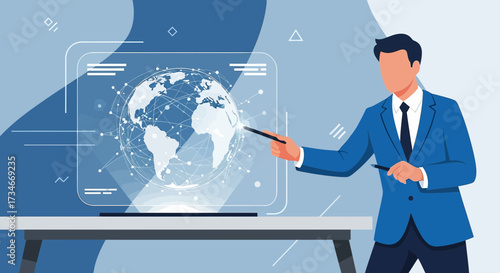 Man presenting global network with digital screen and pointer for business strategy illustration