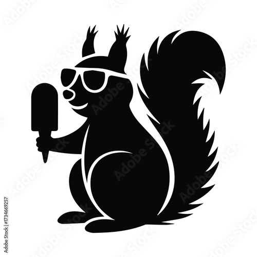 Charming black silhouette of a squirrel wearing sunglasses enjoying a popsicle treat silhouette