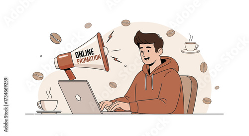 Man promotes coffee with online promotion via laptop and megaphone illustration