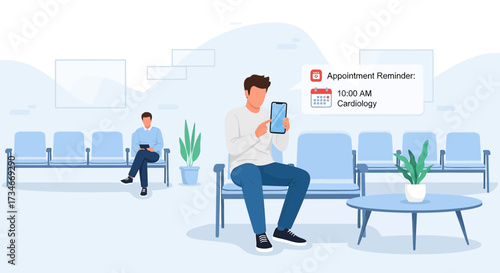 Man Receives Appointment Reminder in Waiting Room at Medical Clinic Cardiology Visit