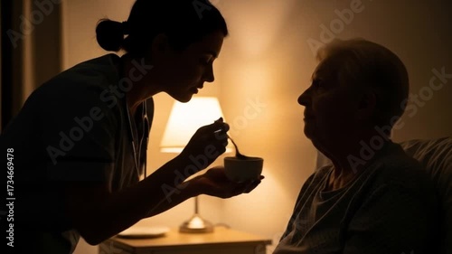 Caregiver feeding an elderly patient in a softly lit room, showcasing compassion and nighttime care