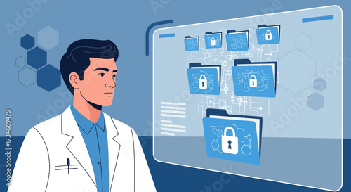Medical professional analyzing data security interface with encrypted files in virtual reality