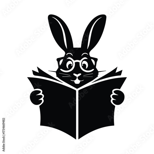 Clever rabbit wearing glasses reads open book knowledge learning storytelling childhood education silhouette