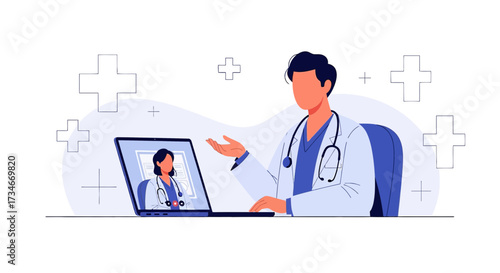 Online Healthcare Consultation: Doctor Using Laptop for Telemedicine Appointment with Patient