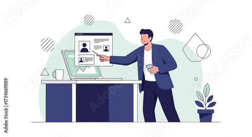 Online recruitment process illustration showcasing a manager reviewing job candidates via computer