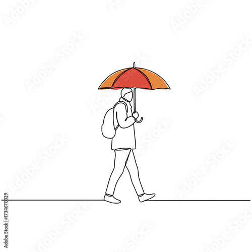 Person walking under red and orange umbrella on white background  