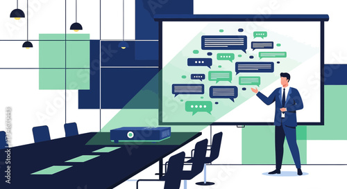 Professional business presentation with speech bubbles in a modern conference room