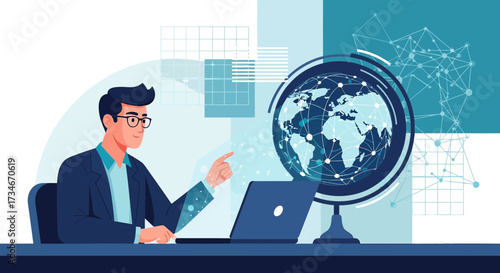 Professional man analyzing global data with laptop and world globe illustration