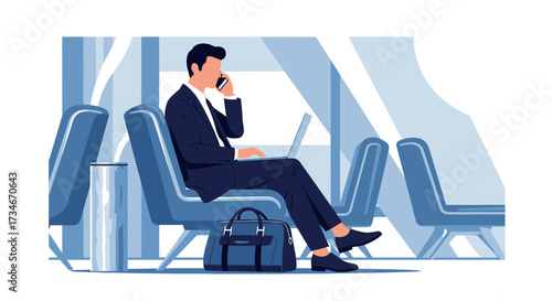 Professional man working at the airport terminal while waiting for the flight using technology