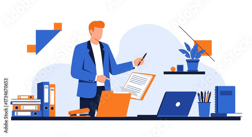 Professional man in office environment with documents laptop and stationery illustration