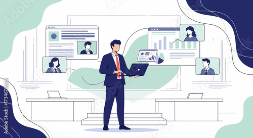 Professional meeting and presentation with virtual team collaboration through online platform