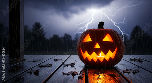 Jack o lantern on a wet wooden surface with lightning in the background during a rainy night ai generated
