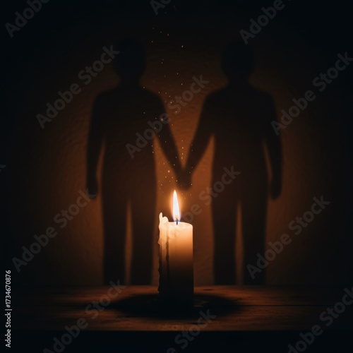 Intimate candle light with shadows of two men holding hands, symbolizing love, connection, and commitment in a dark and romantic ambiance.