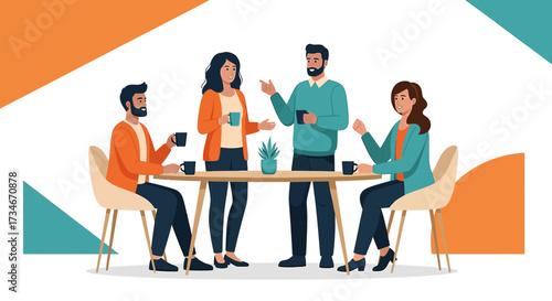 Professional team collaborating during a coffee break in a modern office setting and discussing