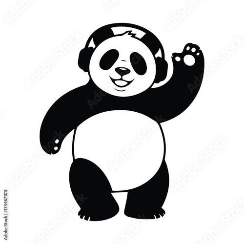 Cute panda wearing headphones waving happily animated style dancing to music silhouette