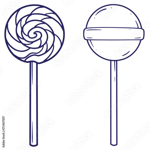 Hand drawn outline illustration of two lollipops with swirl design and simple form on white background