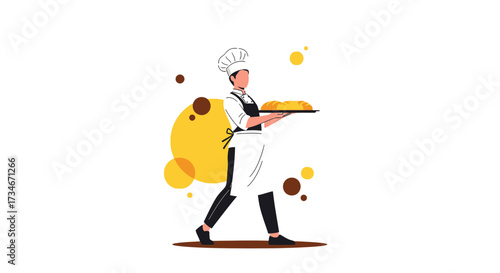 Skilled baker in uniform carrying freshly baked bread on a tray with pride and professionalism