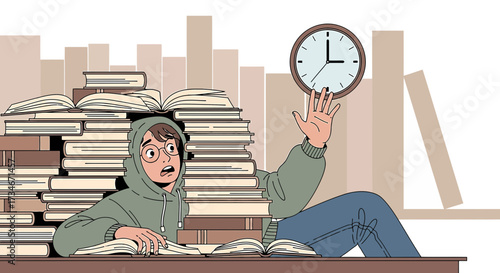 Stressed student surrounded by books feeling overwhelmed by looming deadline pressure