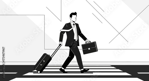 Stylish businessman with luggage and briefcase walking across zebra crossing illustration