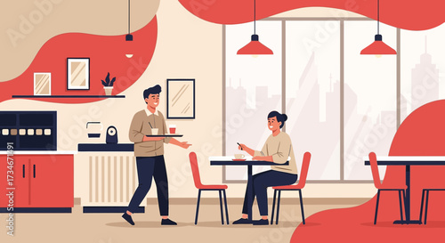 Stylish restaurant scene showcasing a waiter serving a customer with modern design elements