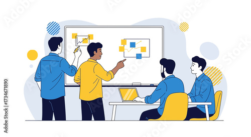 Teamwork and collaboration during a business strategy discussion with charts and diagrams for