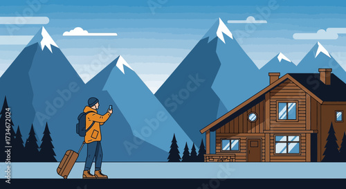 Traveler arrives at a scenic mountain cabin, capturing the moment with their smartphone on a