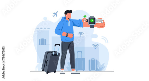 Traveler uses smartwatch for boarding pass at airport showcasing technology and travel lifestyle