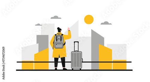 Traveler with suitcase in city illustration representing exploration and adventure concept in