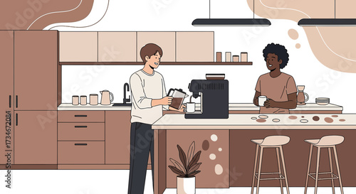 Two friends in a modern kitchen making coffee and enjoying a morning chat together in their