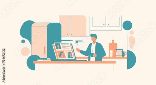 Working from home: Man participates in a video conference in his kitchen illustration