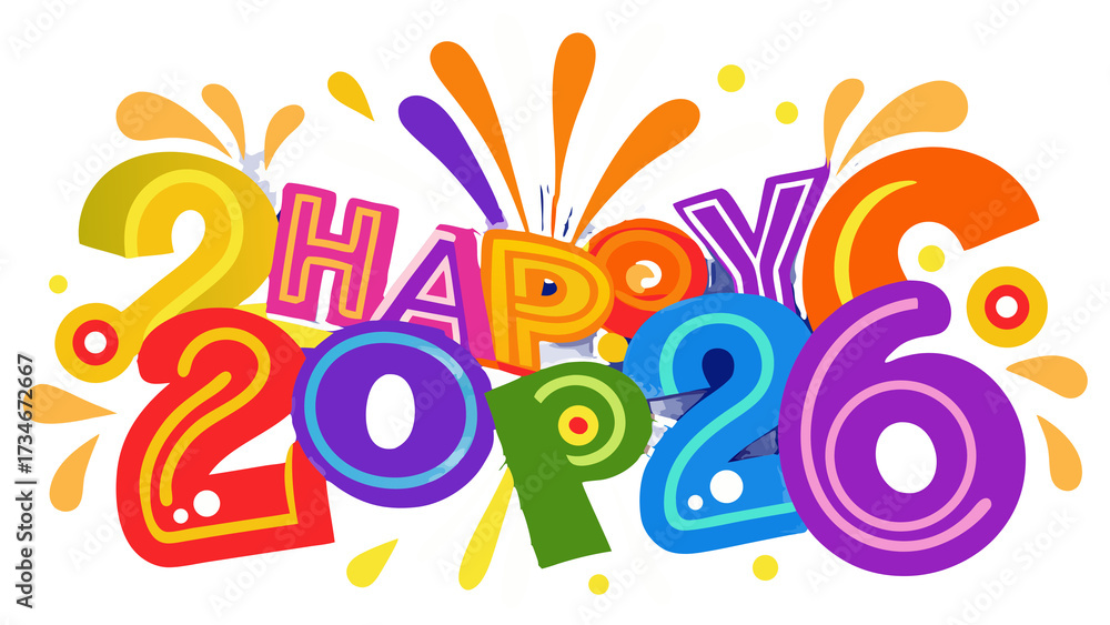 Fototapeta premium Vector Vibrant Happy New Year 2026 Typography with Fireworks & Ornamental Vintage Design