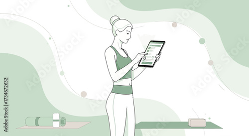 Young woman using tablet before yoga session online fitness class illustration