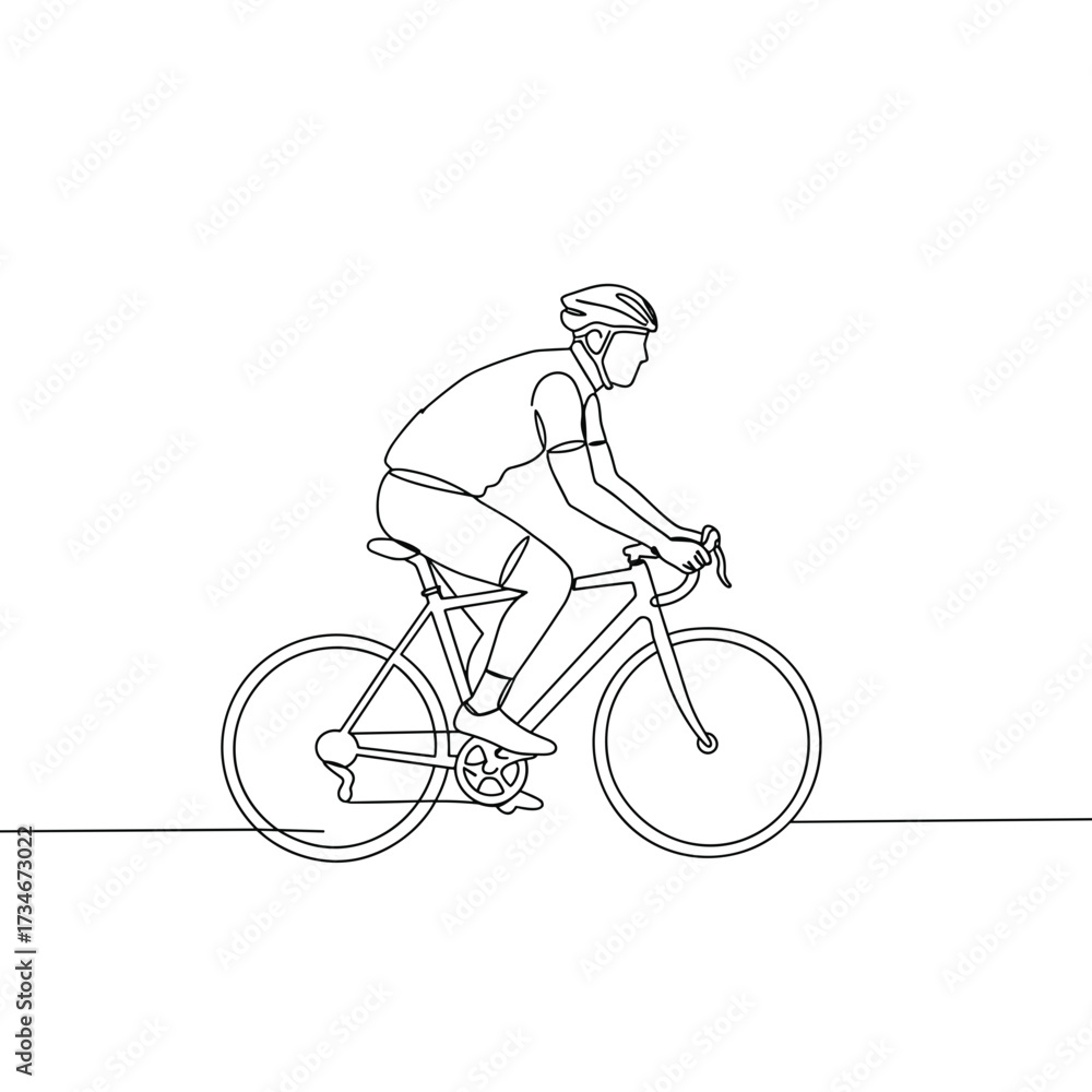 Obraz premium Cyclist riding a bicycle in minimalist outline style on white background 