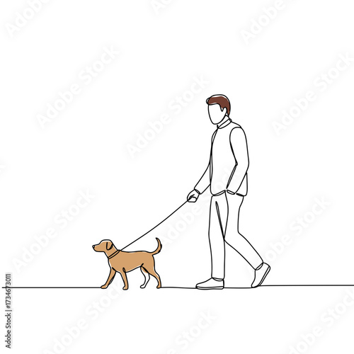 Man walking a brown dog on a leash in minimalist style  