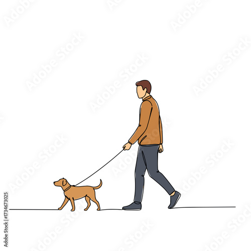 Man walking a dog on a leash in a minimal style  