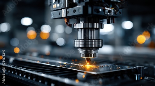 Laser Cutting Machine in Action, Sparks Flying, Industrial Precision