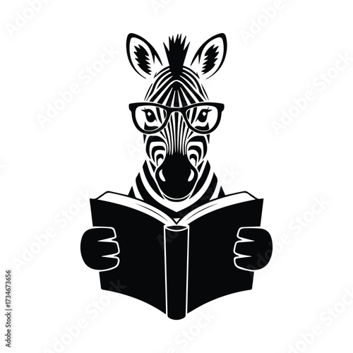 Intelligent zebra wearing glasses reads open book symbolizing education and knowledge acquisition silhouette