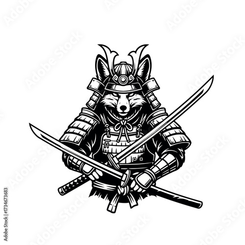 Black silhouette of a fierce fox samurai warrior with crossed katanas Keywords: fox, samurai, warrior, katana, sword, armor, Japanese, warrior, animal, transparent background also white background