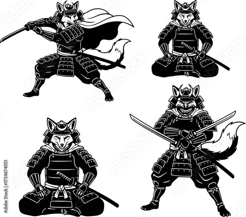 Collection of Anthropomorphic Foxes in Samurai Armor in Various Poses Keywords: fox, samurai, warrior, armor, katana, sword, Japanese, animal, transparent background also white background