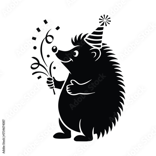 Joyful hedgehog celebrates birthday with confetti and party hat whimsical design silhouette