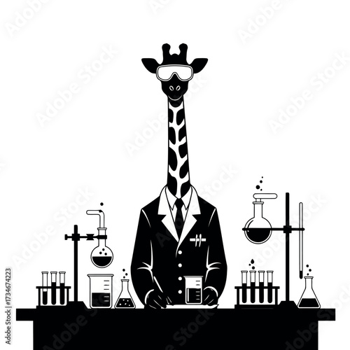 Giraffe scientist in lab coat and tie working at a lab bench with beakers and test tubes laboratory research transparent background also white background